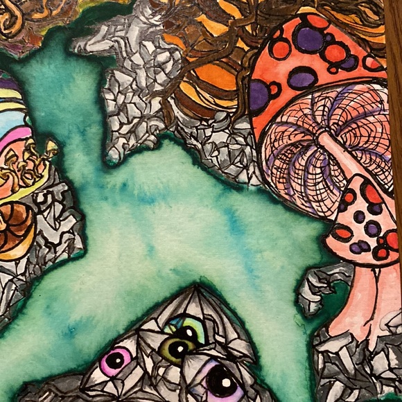 Unframed Original Art Surreal Watercolour Painting Mushrooms Eyes Waterscape - Picture 8 of 8